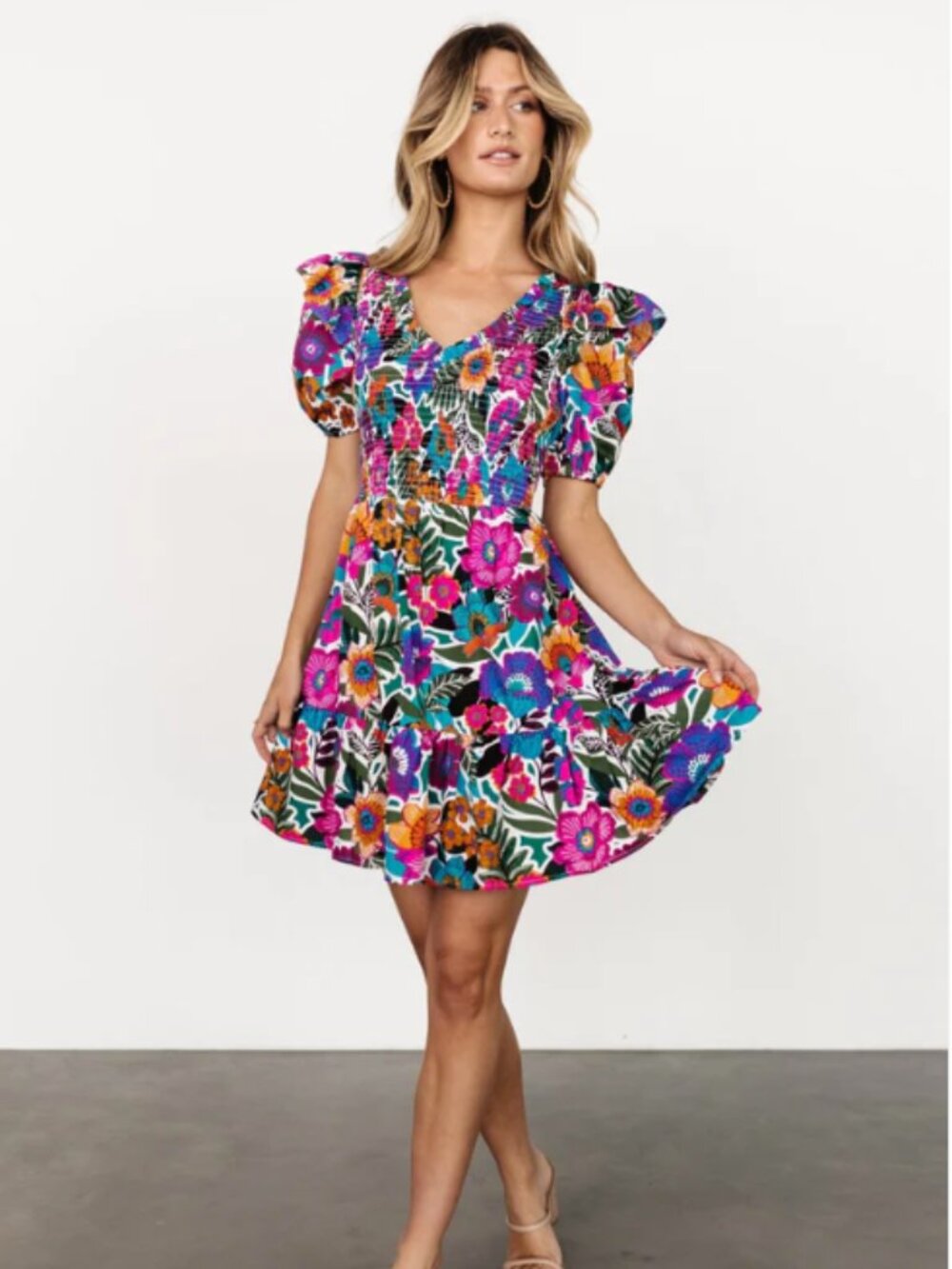 BALTIC BORN (NWT) Kyrie Puff Sleeve Short Dress, Multicolor Floral, Size XL